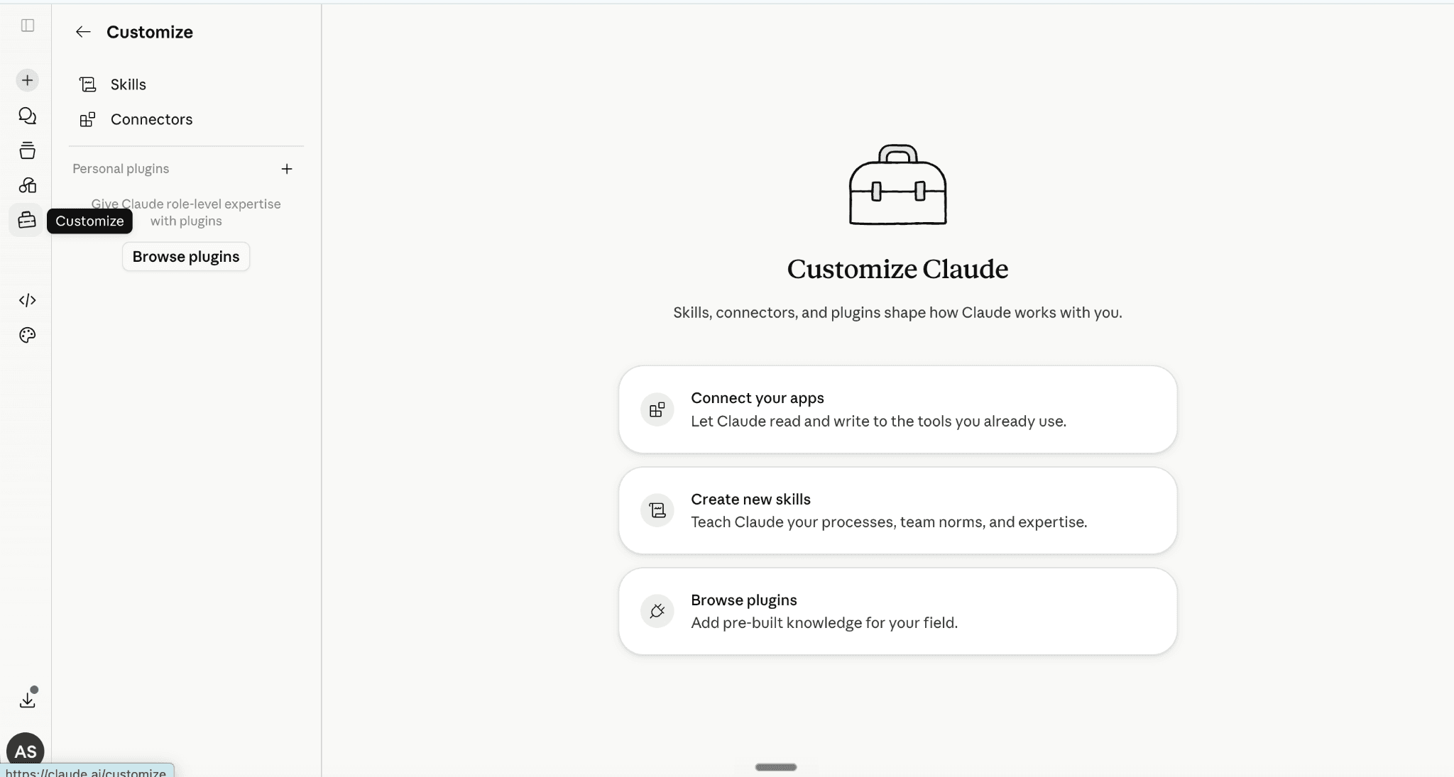 Claude sidebar with the Customize icon highlighted