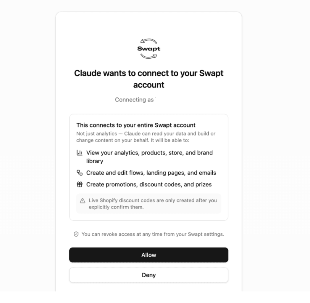 Swapt authorization screen with the Allow button highlighted