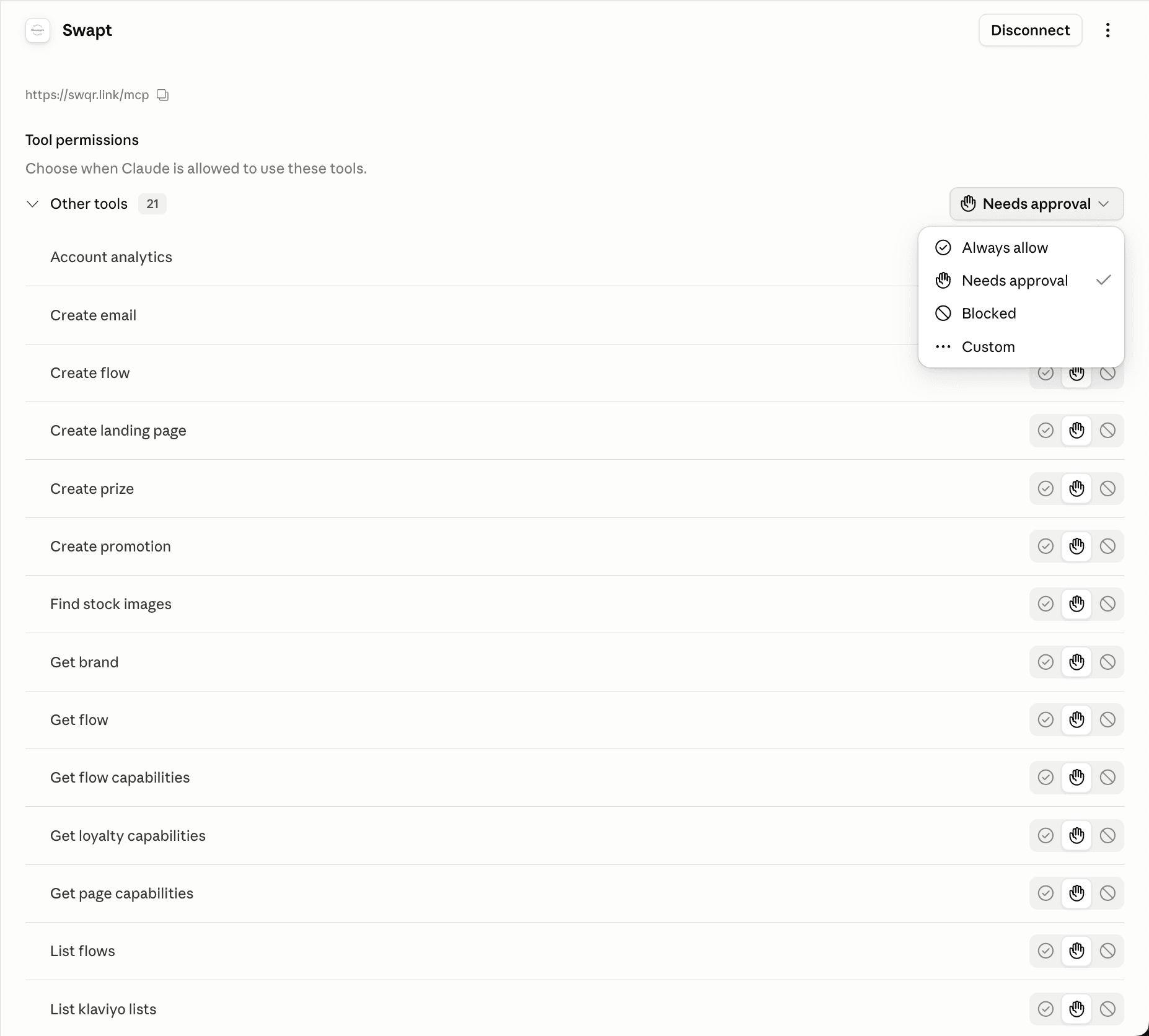 Swapt tool permissions with Always allow highlighted