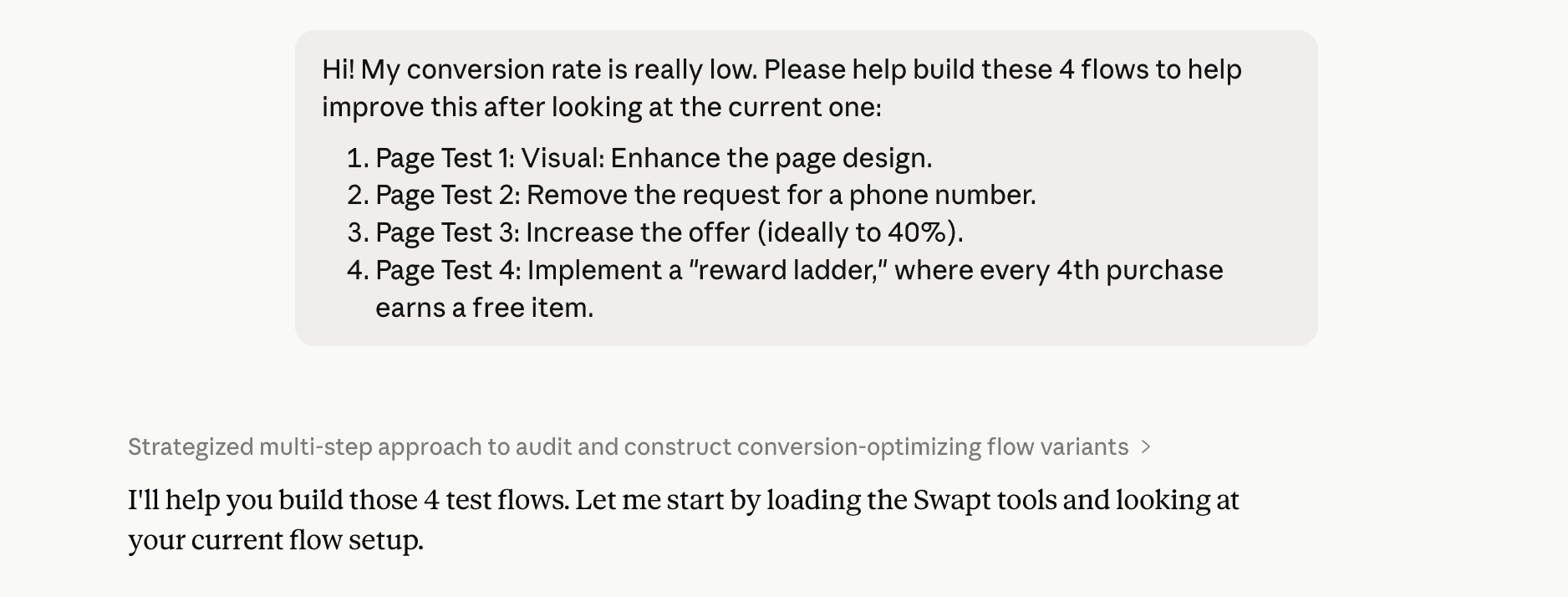 A Claude chat asking Swapt to build four flow tests