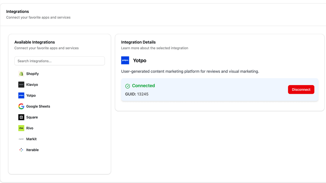 Yotpo integration configuration interface